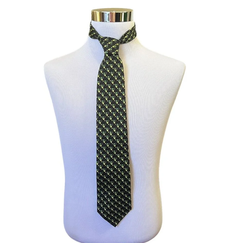 Galizia Mens Silk Navy Blue Ditsy Lemon Print Tie Made In Italy 3 .75